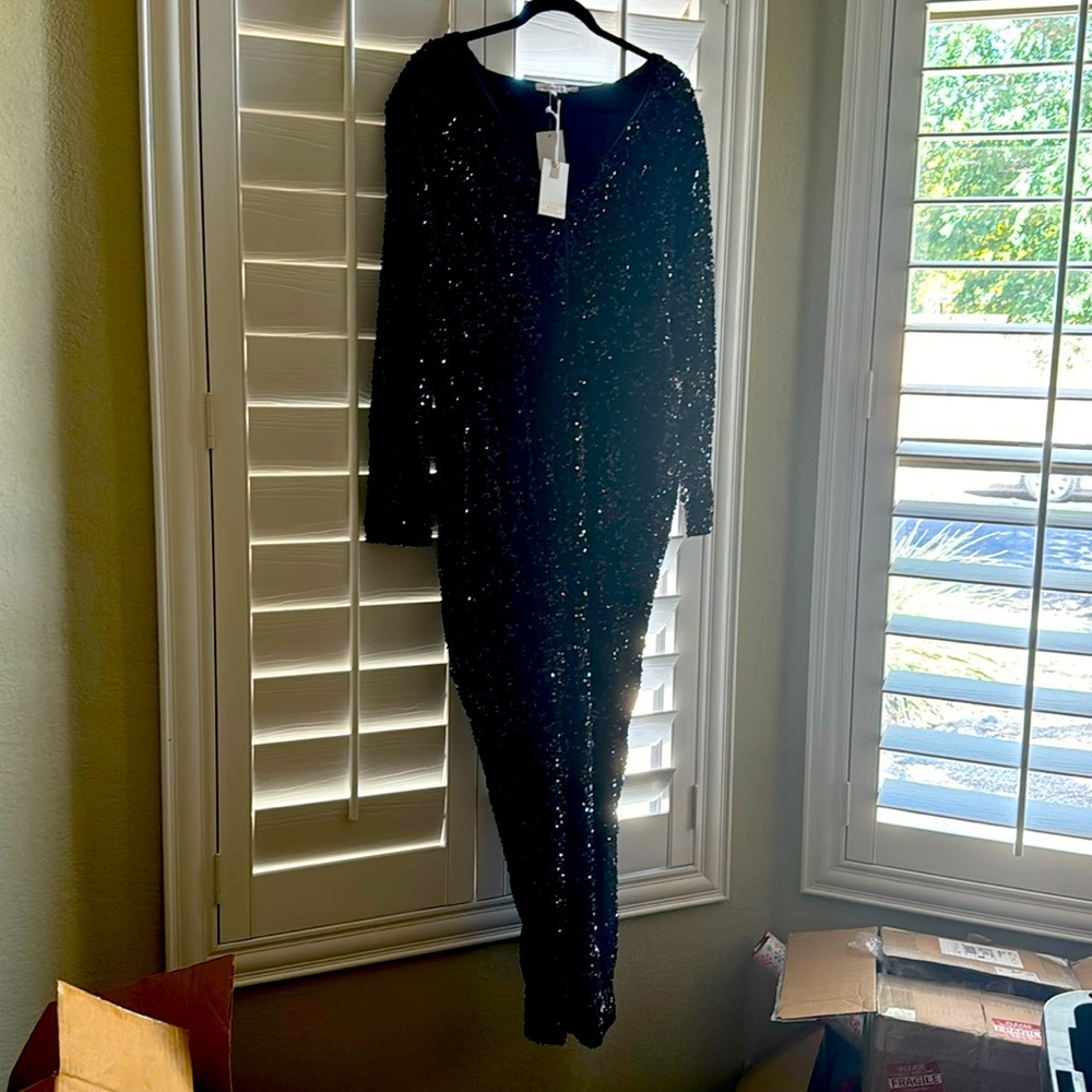 NWT Good American black sequined jumpsuit back zip